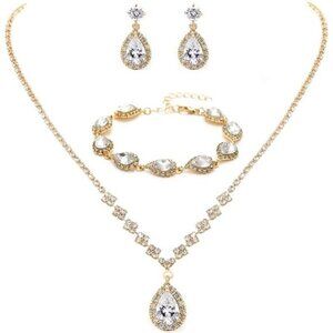 Gold Bridal Crystal Necklace Earrings Set Bridal or prom Wedding Jewelry Set